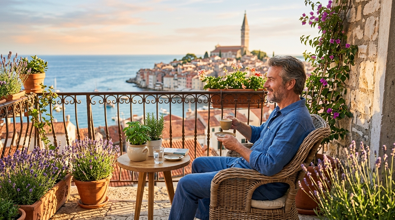 Muškarac uživa jutarnju kavu na mediteranskom balkonu s pogledom na krovove grada